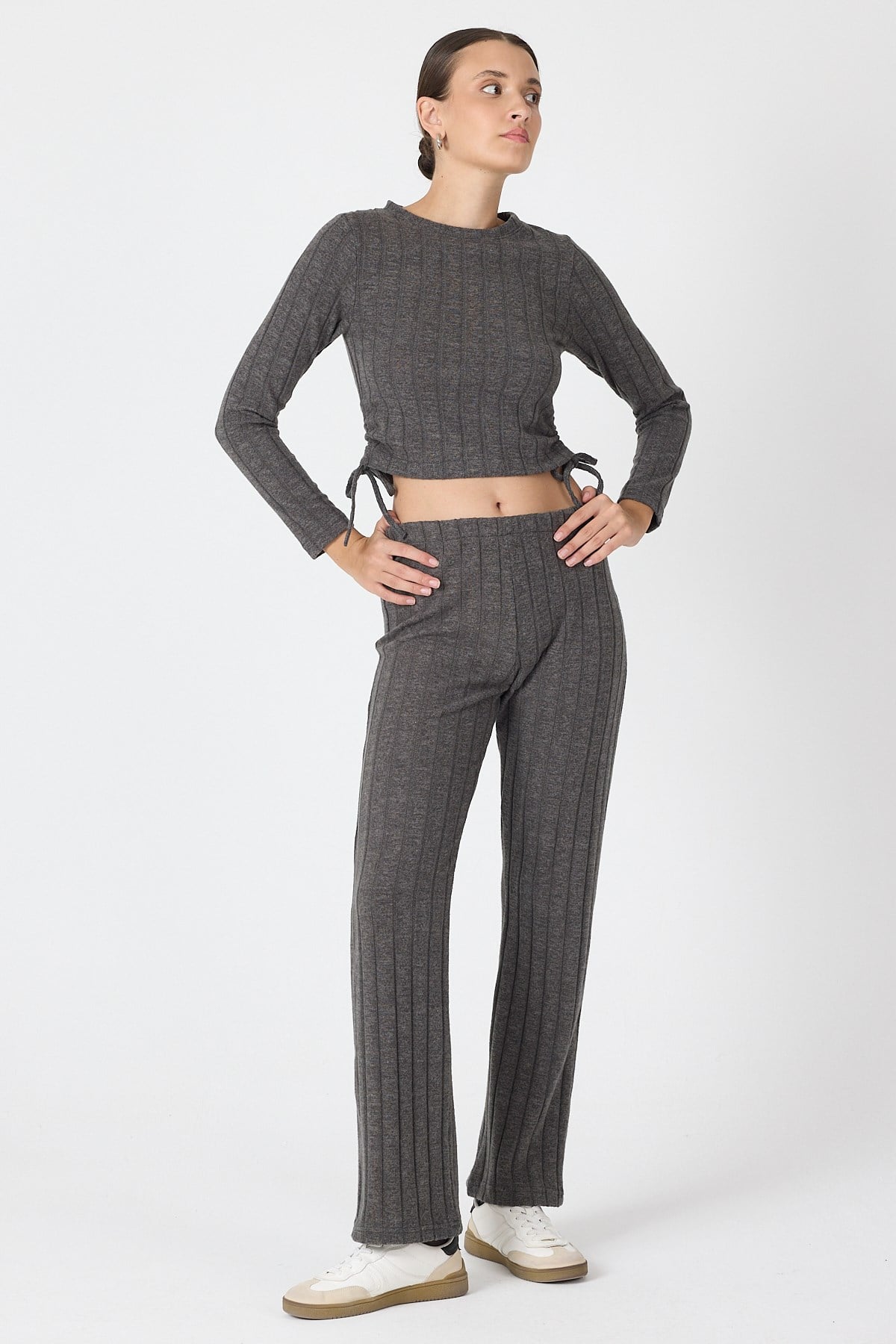 Antrasit Fitilli Crop Bluz Pantolon İkili Takımı 8114A 3