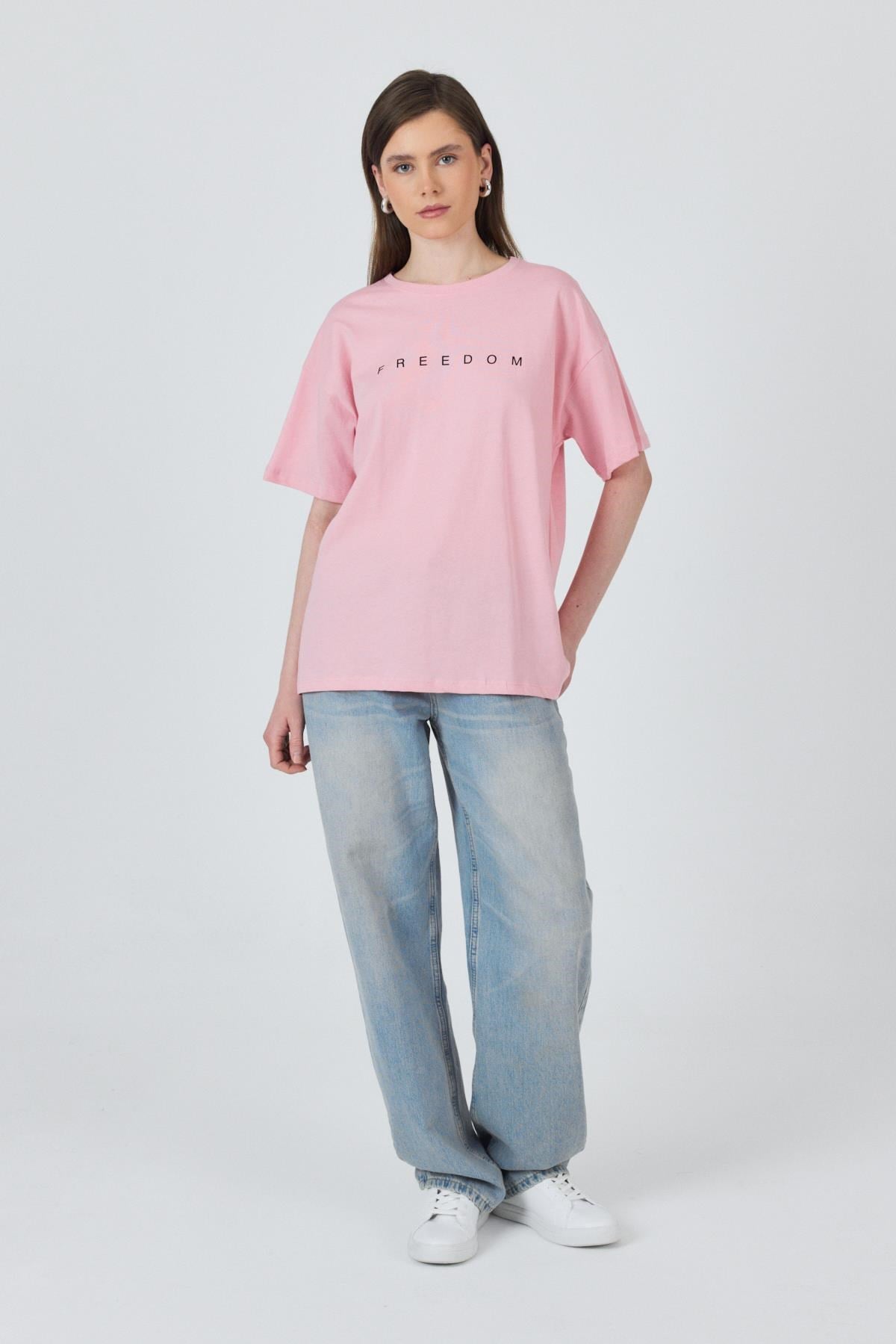 Pembe Yazı Baskılı Pamuklu Oversize Tişört 2150-3M 3
