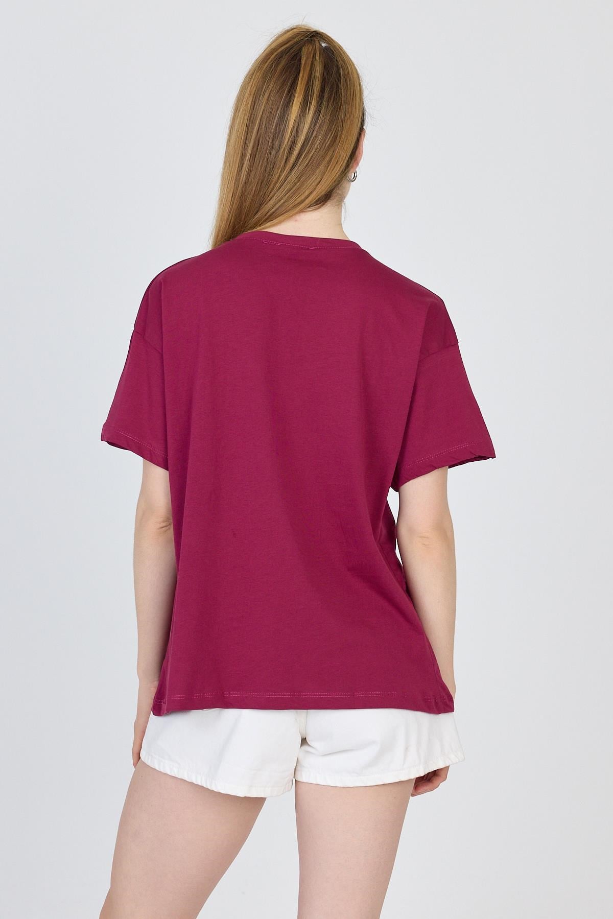 Bordo Yazı Baskılı %100 Pamuk Oversize Tişört 2150-8M 5