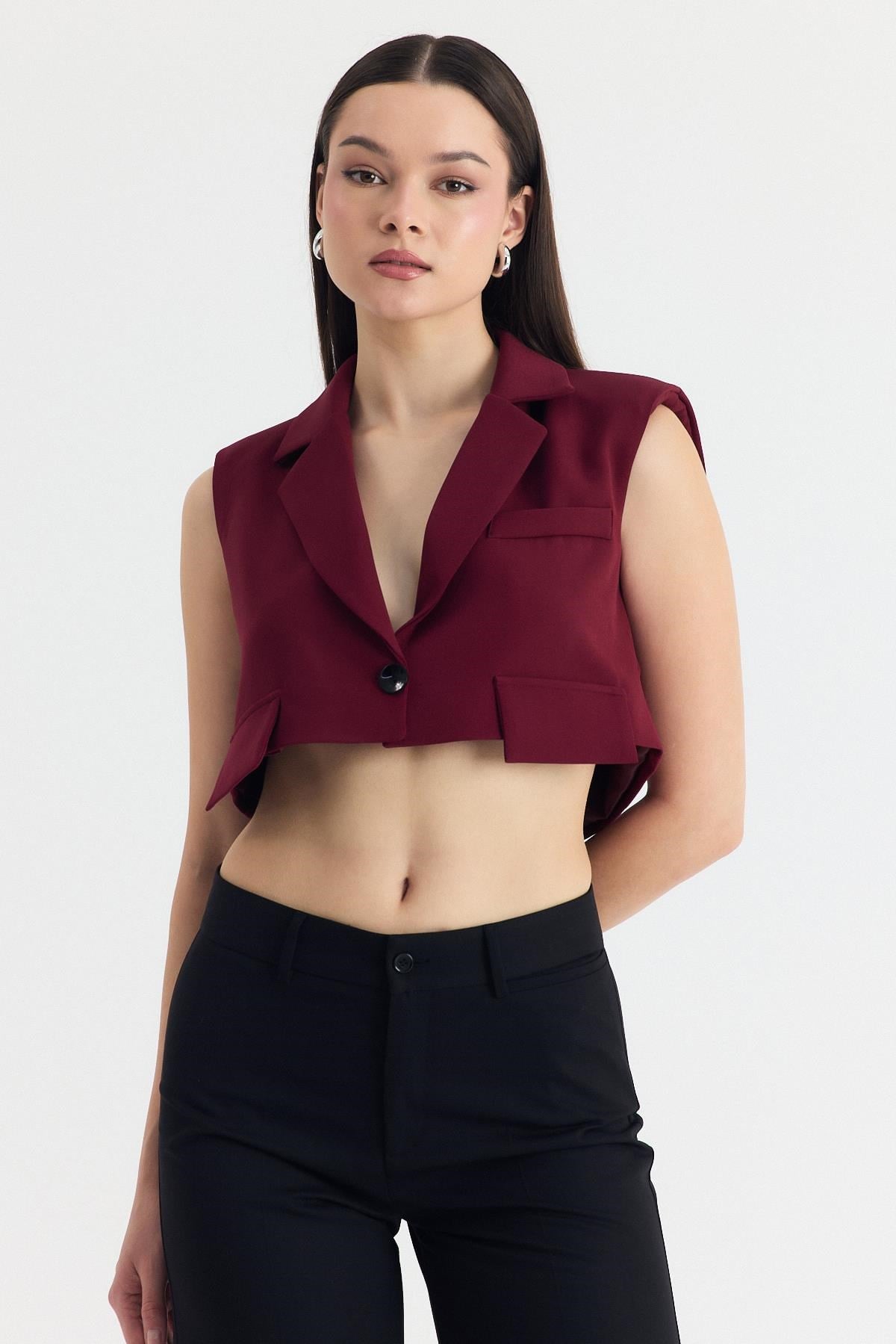 Bordo Crop Vatkalı Tek Düğme Cep Detay Yelek 6929 3
