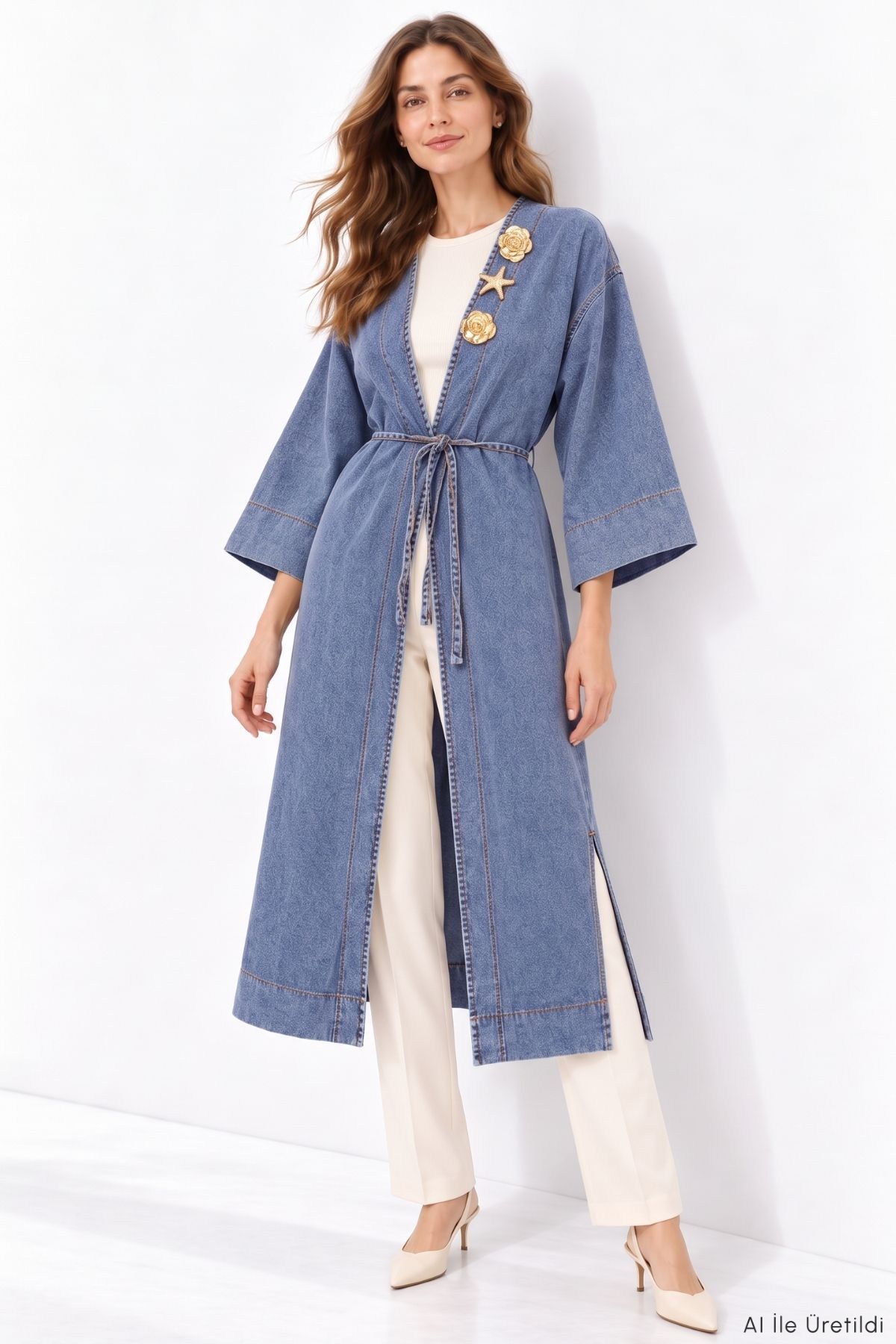Deniz Kabuğu Detaylı Uzun Kot Kimono 3530 Açık Mavi