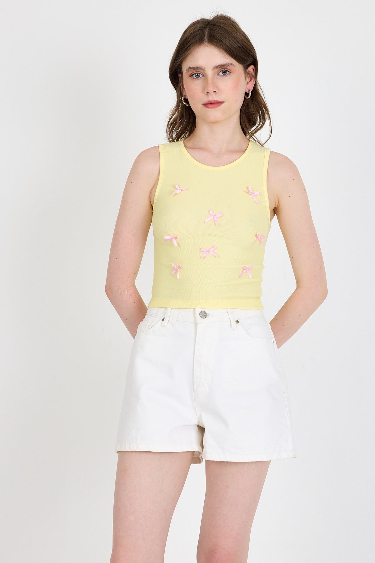 Sarı Fiyonk İşlemeli Crop Örme Atlet 0849 6