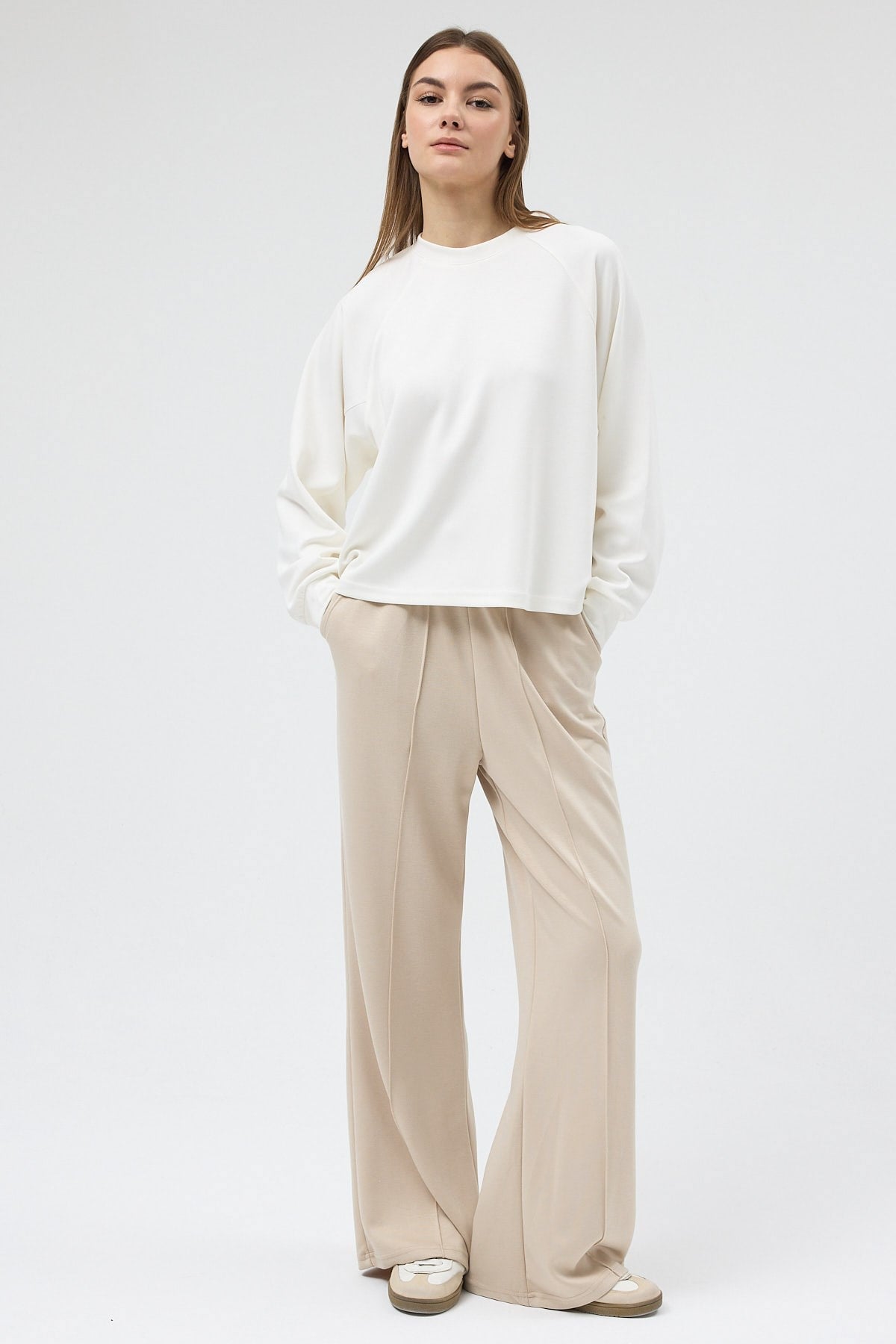 Ekru Oversize Bisiklet Yaka Kadın Sweat 8251A 3