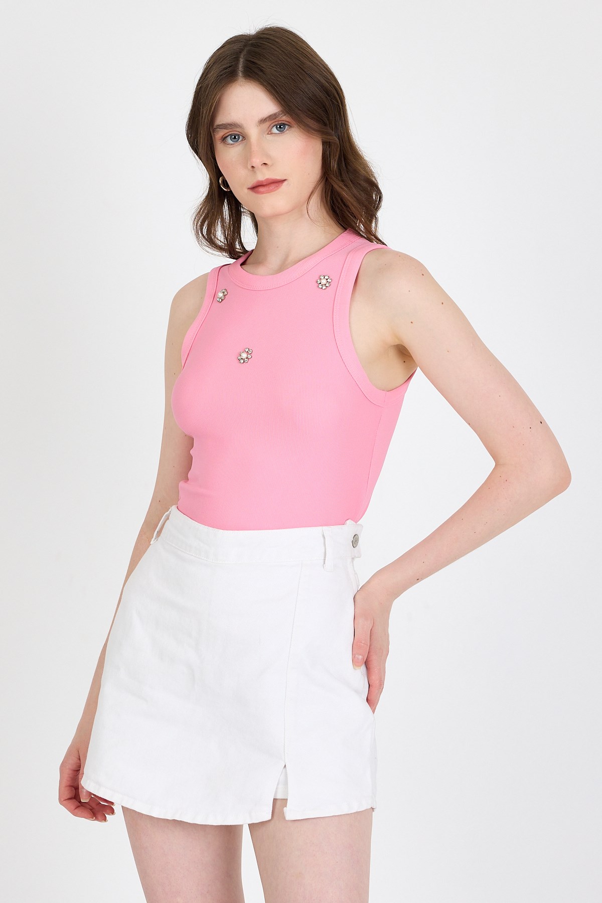 Pembe İnci Taş Detaylı Halter Yaka Ribanalı Atlet 0649