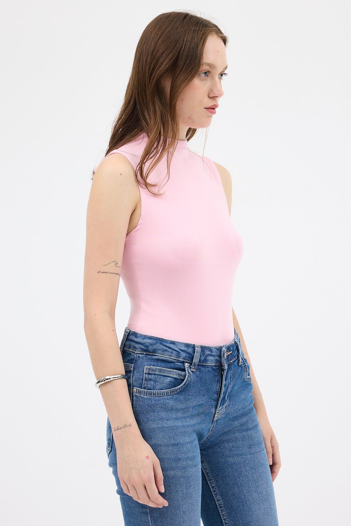 Pembe Kadın Kolsuz Yüksek Yaka Body 8155A 2