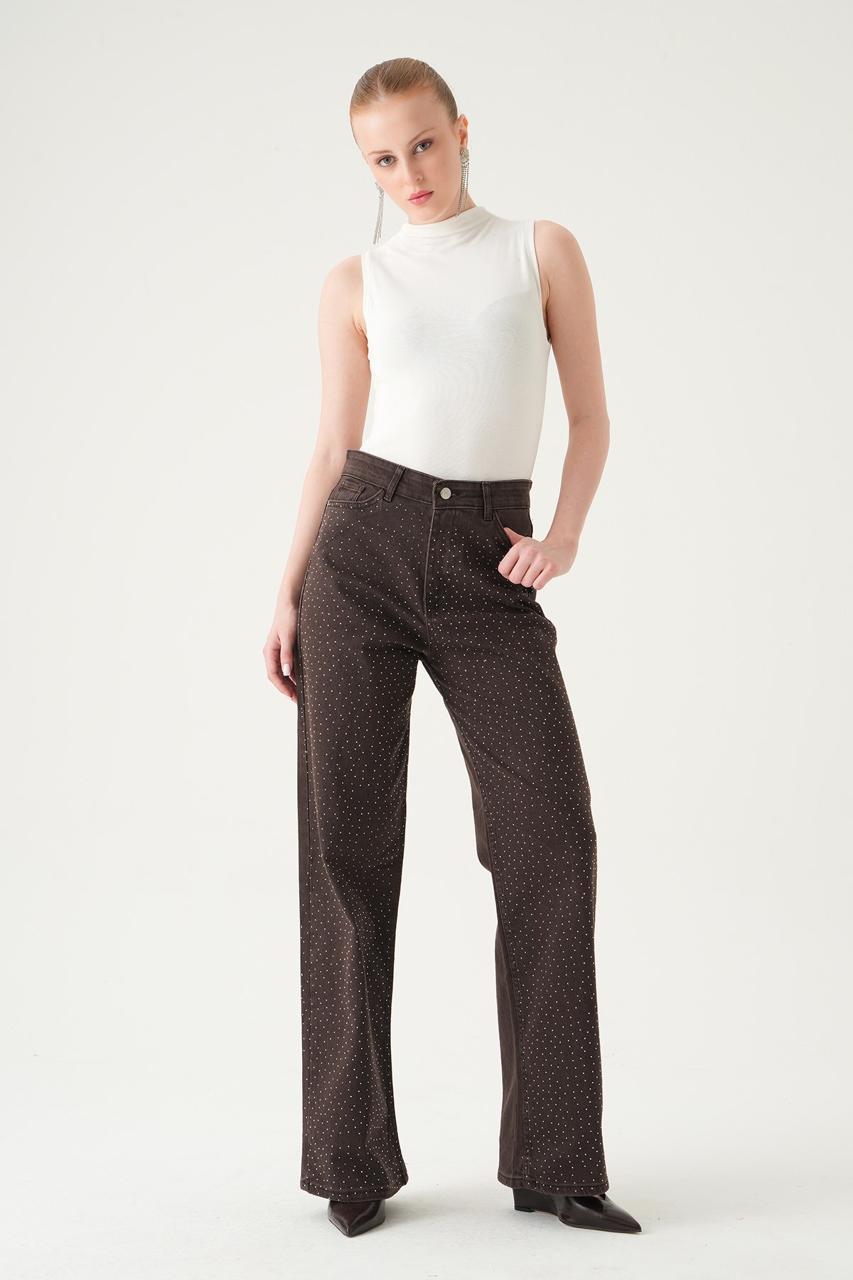 Taşlı Geniş Paça Jean 4910 Kahve