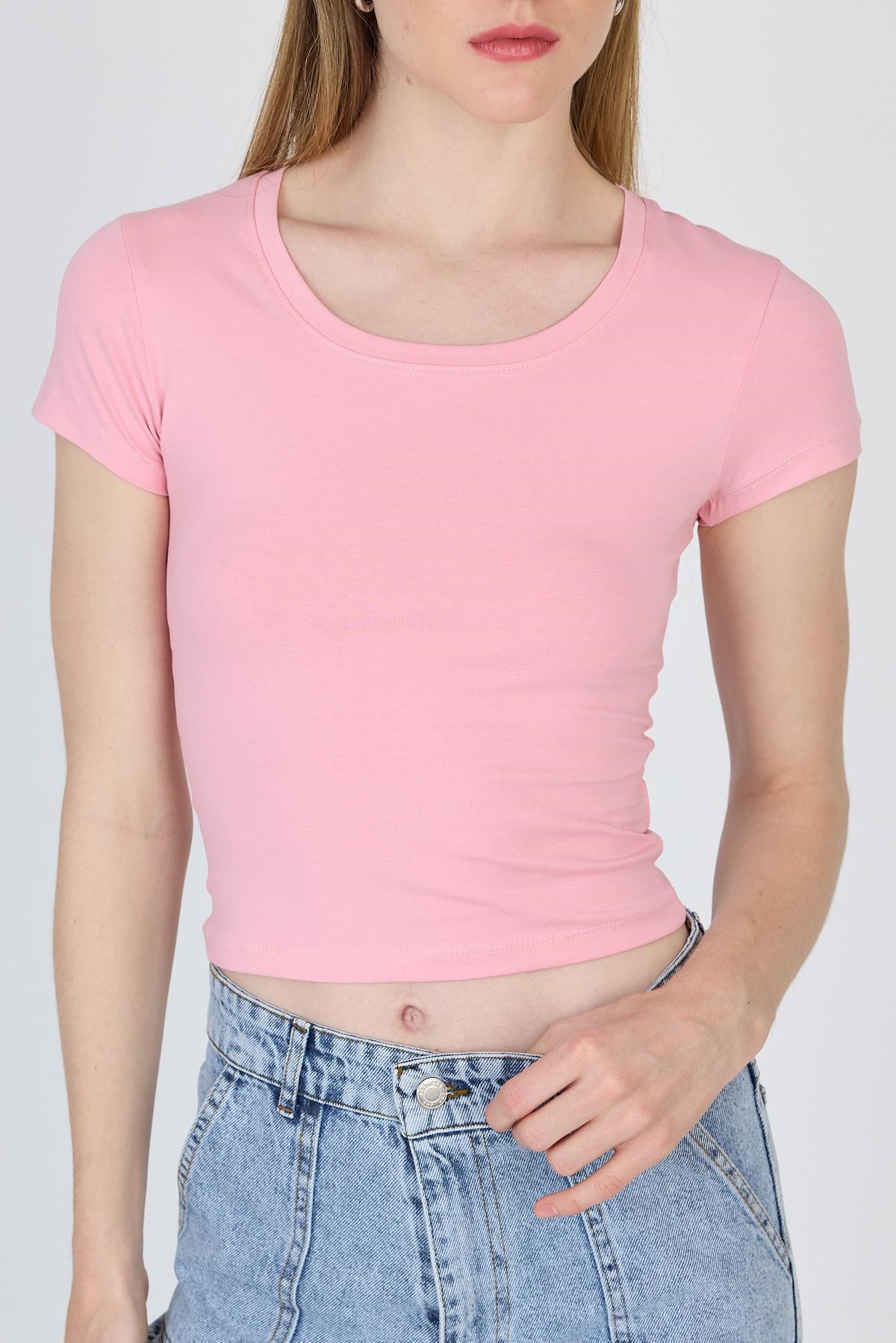 Pembe Bisiklet Yaka Basic Crop Tişört 9200M 4
