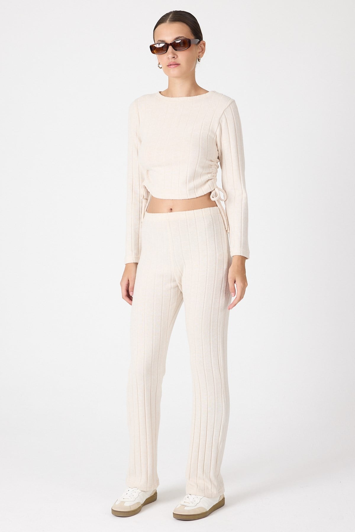 Bej Fitilli Crop Bluz Pantolon İkili Takımı 8114A 2