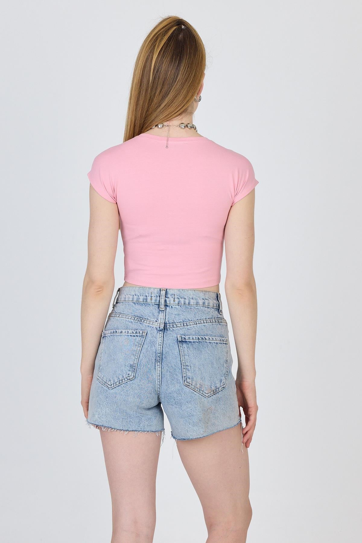 Pembe Bisiklet Yaka Pamuklu Slim Fit Crop Tişört 9199M 5