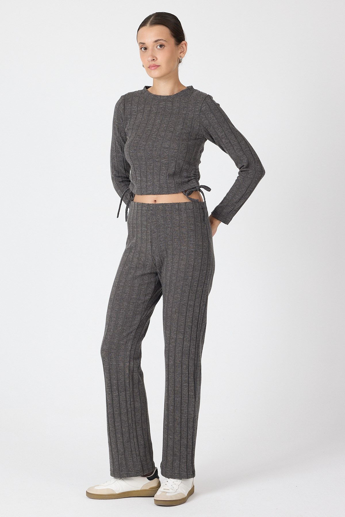 Antrasit Fitilli Crop Bluz Pantolon İkili Takımı 8114A 2
