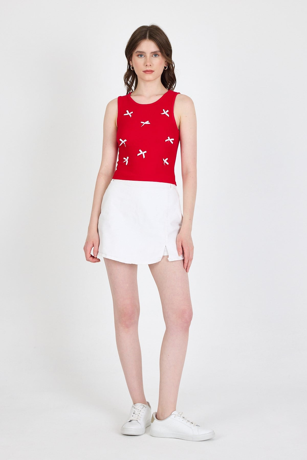 Kırmızı Fiyonk İşlemeli Crop Örme Atlet 0849 3