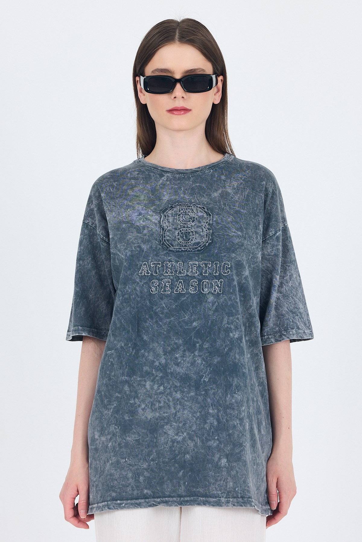 Füme Yazı Nakışlı Oversize Tişört 253017