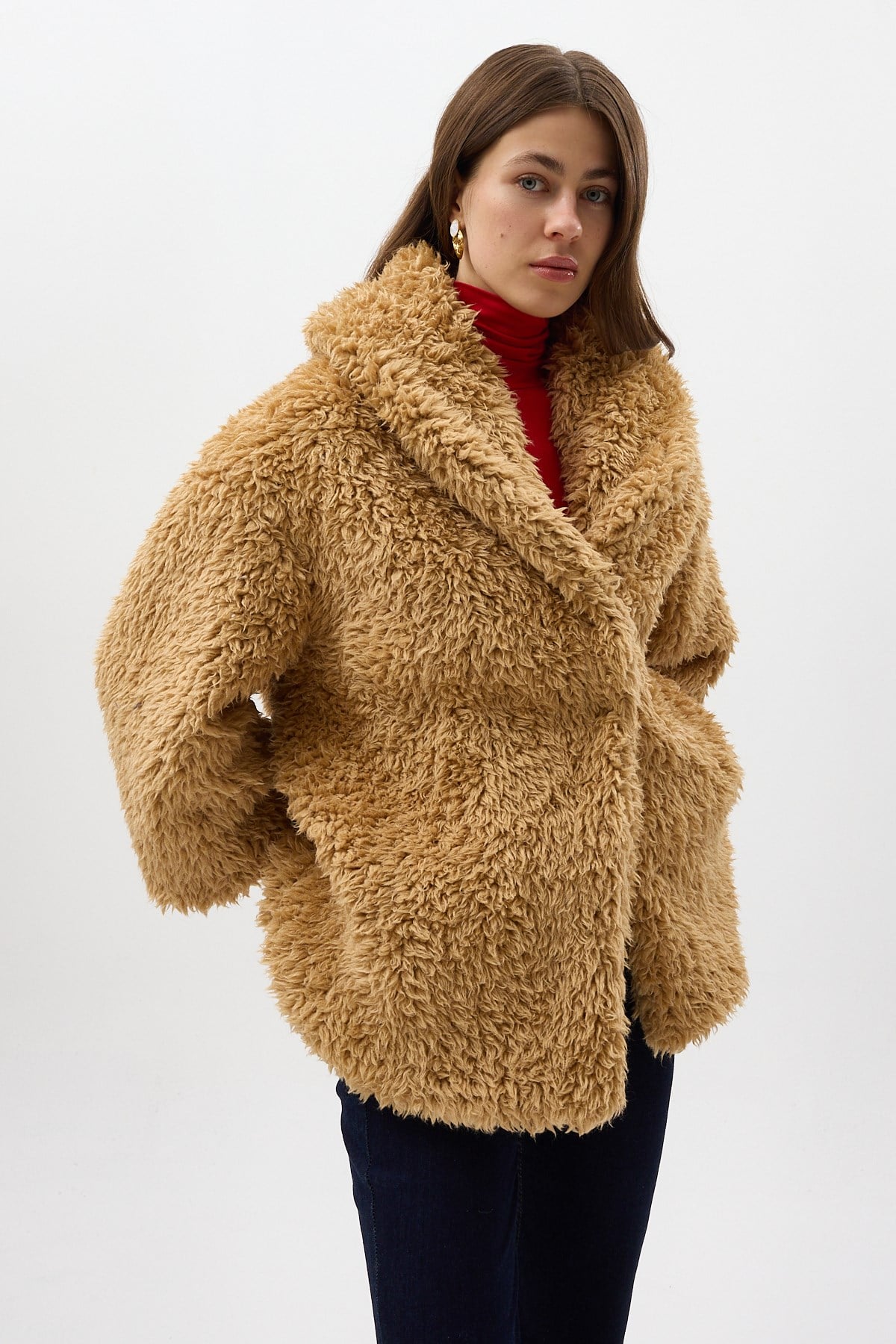 Camel Çıt Çıtlı Peluş Kadın Kaban 8471 7