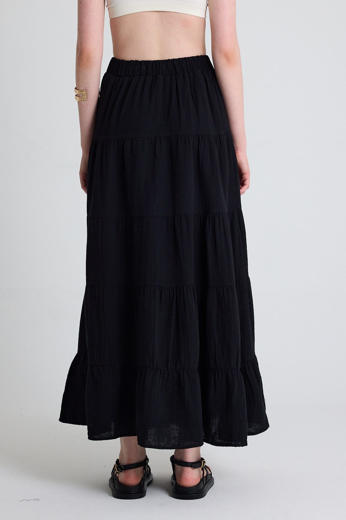 Siyah Keten Görünümlü %100 Pamuk Kat Kat Uzun Etek 4801A 5
