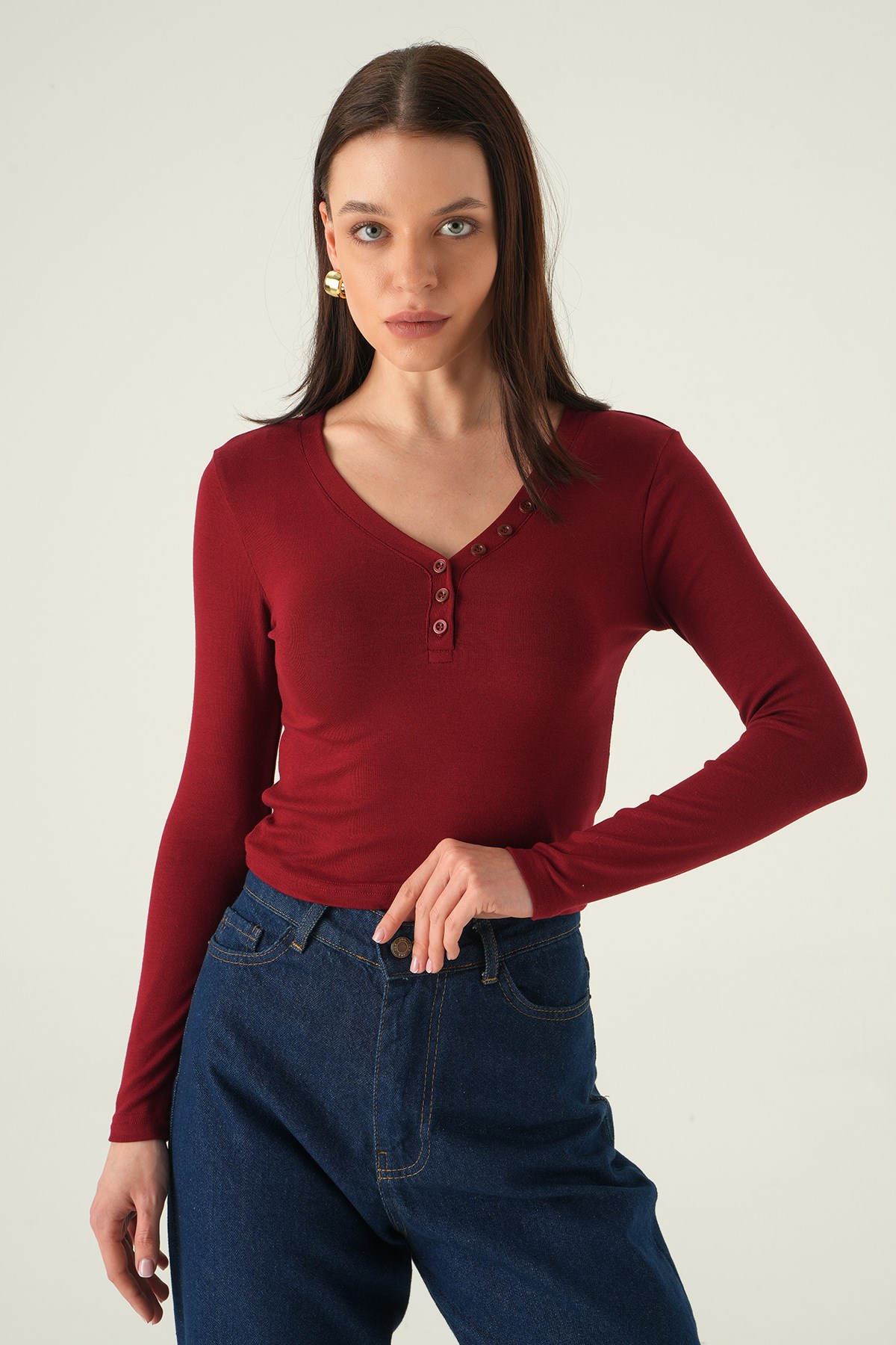 V Yaka Düğmeli Badi 8299A Bordo