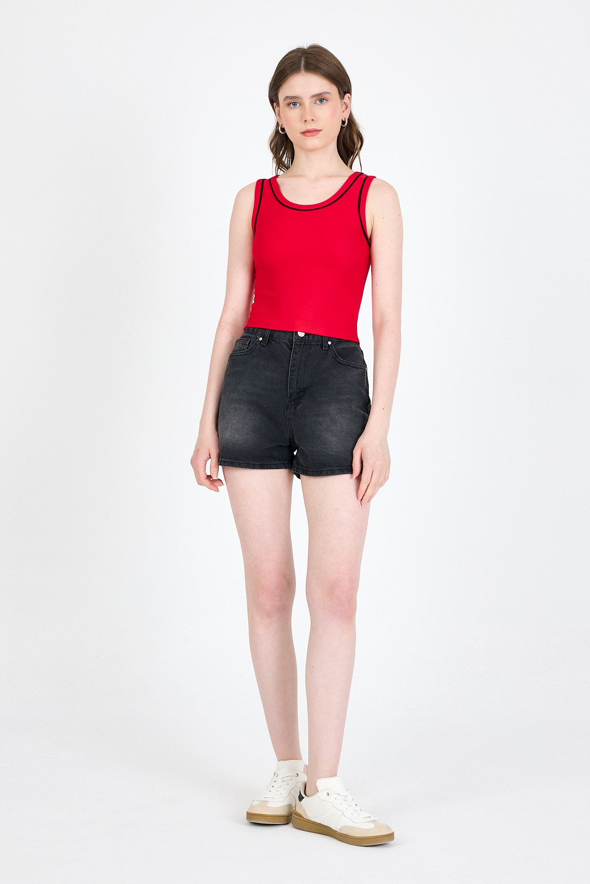 Kırmızı Şerit Detaylı Örme Crop Atlet 1049 3