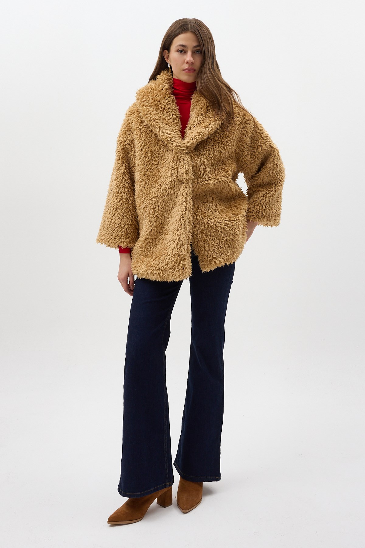 Camel Çıt Çıtlı Peluş Kadın Kaban 8471 3