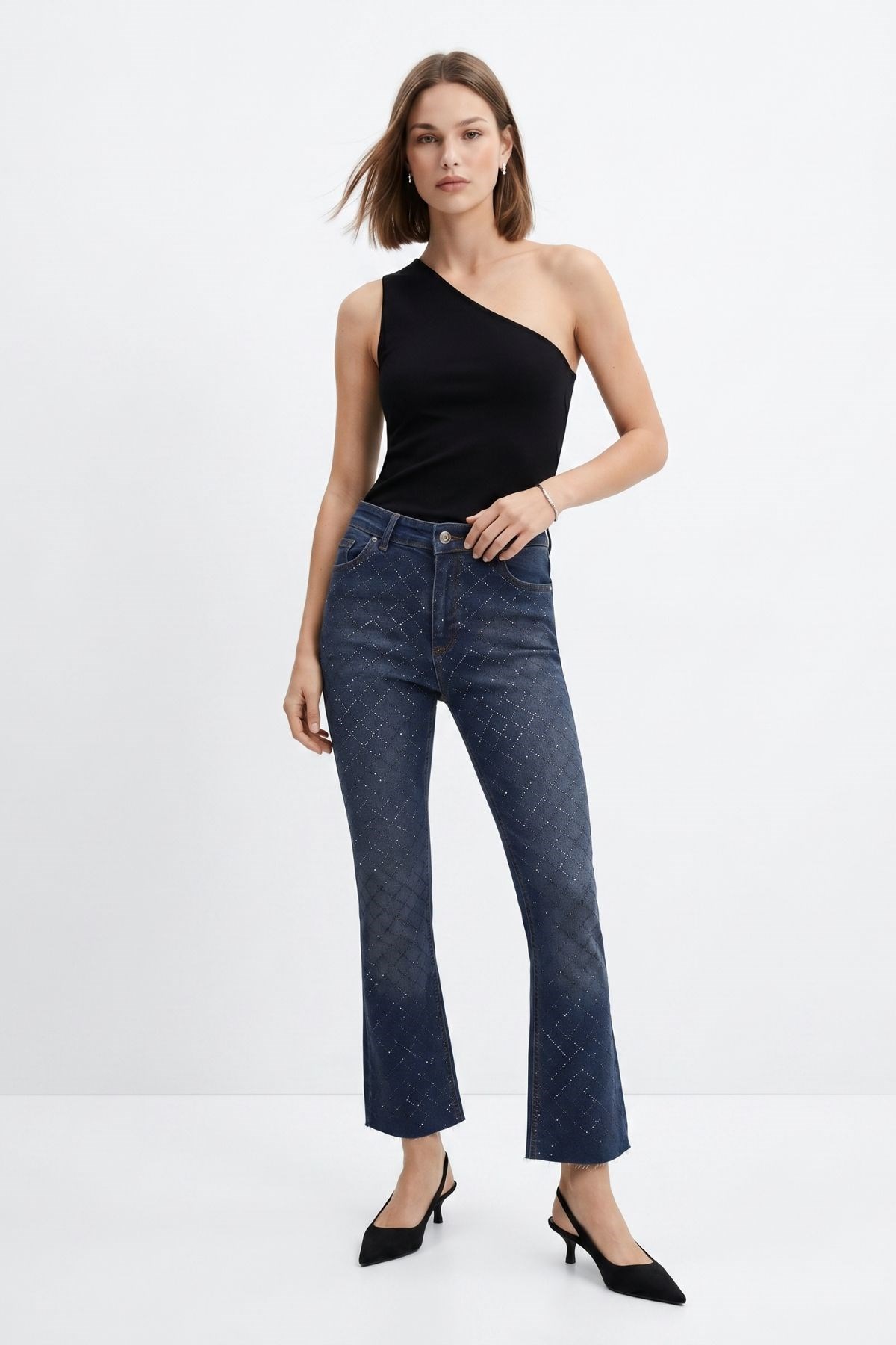Paça Kesik Baklava Taşlı Jean 3047-7 Tint Kahve