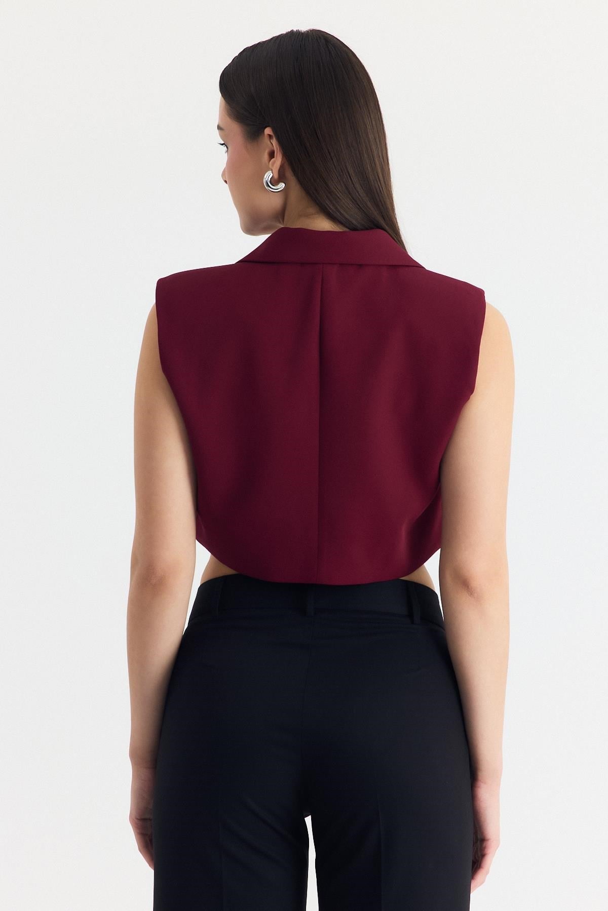 Bordo Crop Vatkalı Tek Düğme Cep Detay Yelek 6929 5