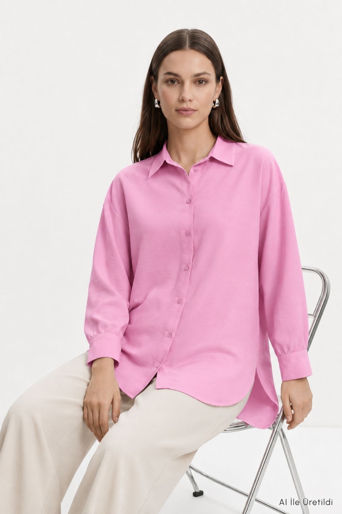 Oversize Balon Kol Gömlek 8699 Pembe 3