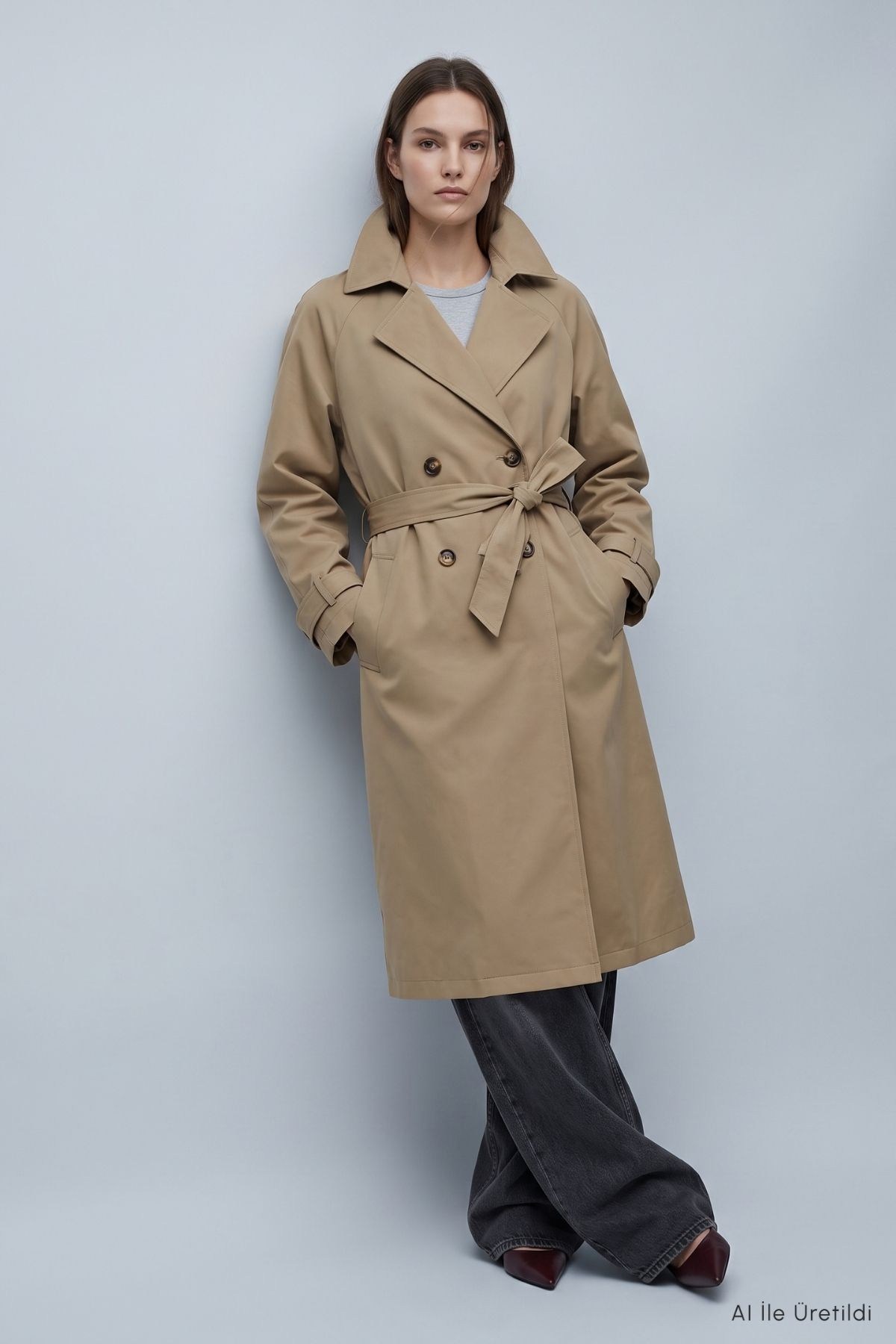 Çift Düğmeli Oversize Trençkot 277 Bej
