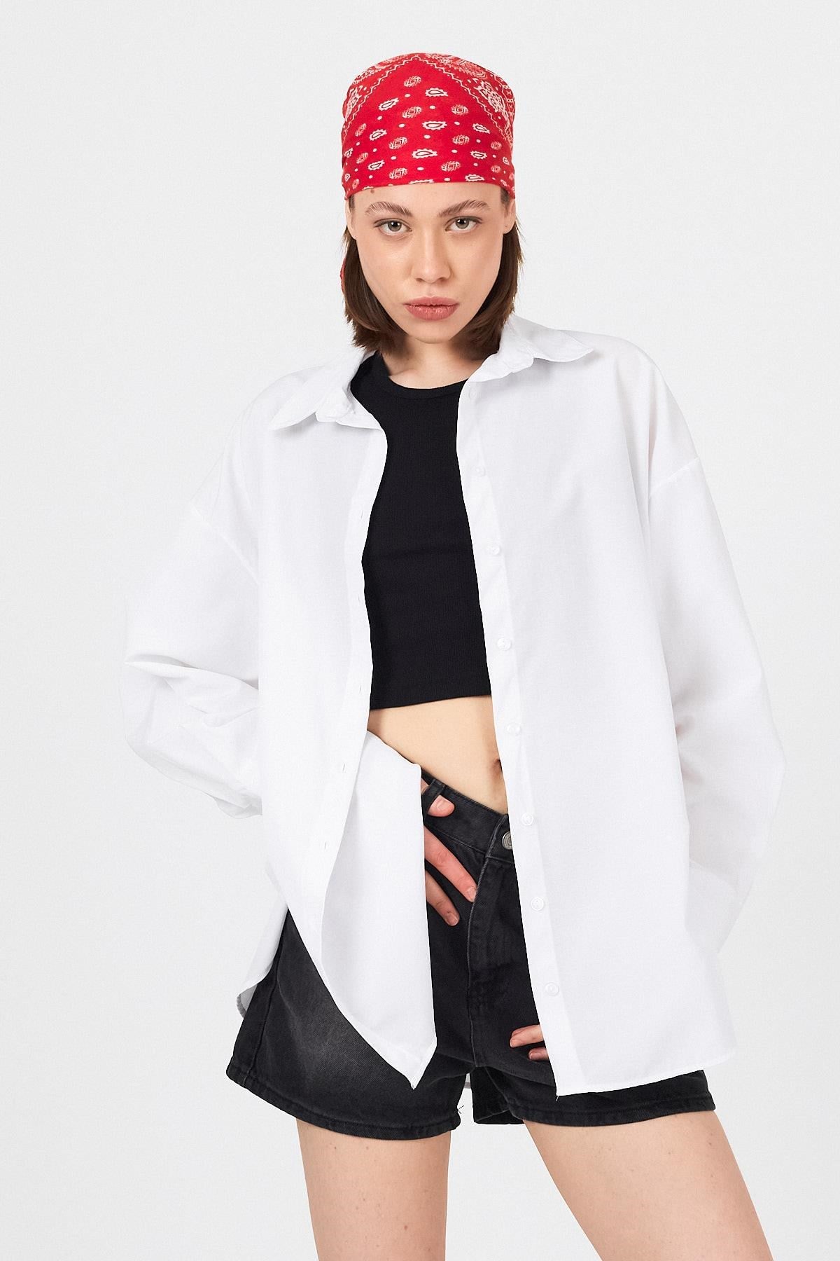Beyaz Oversize Basic Uzun Gömlek 4664A 8