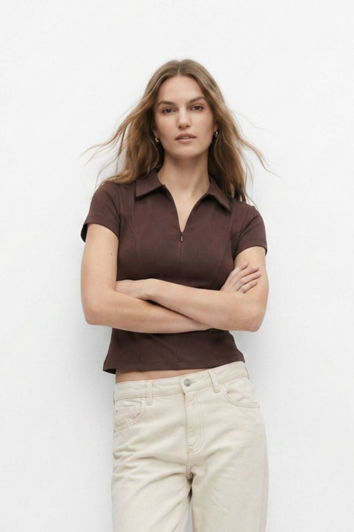Polo Yaka Kısa Kol Crop Tişört 26651 Kahve 2