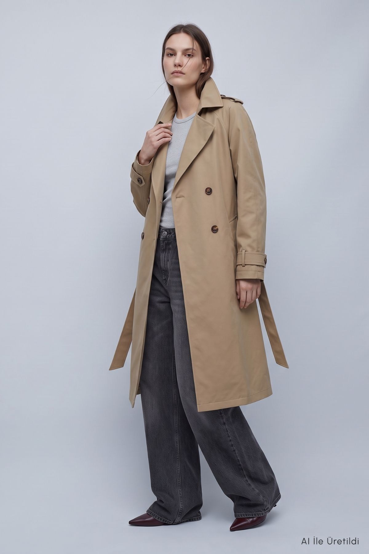 Çift Düğmeli Oversize Trençkot 277 Bej 4