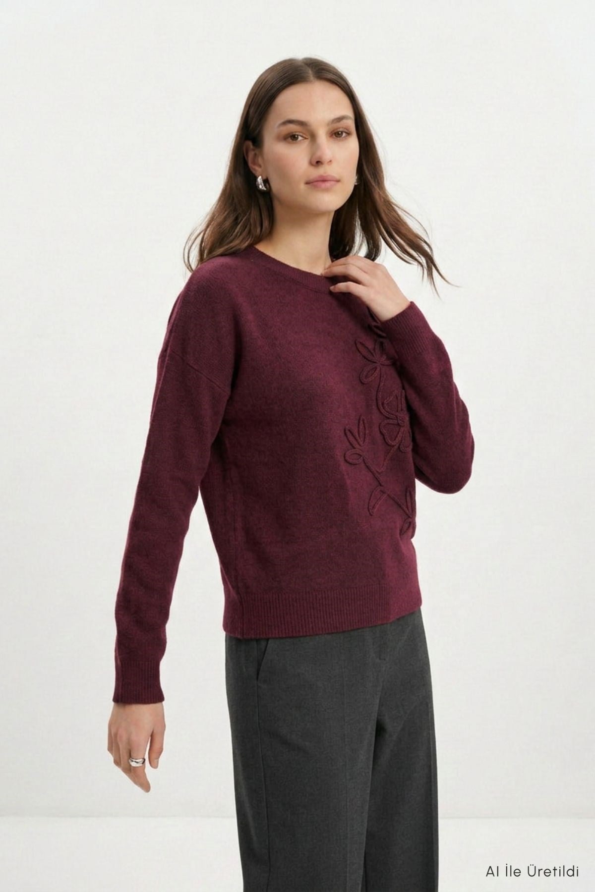Çiçek Nakış Kazak 70056 Bordo 3