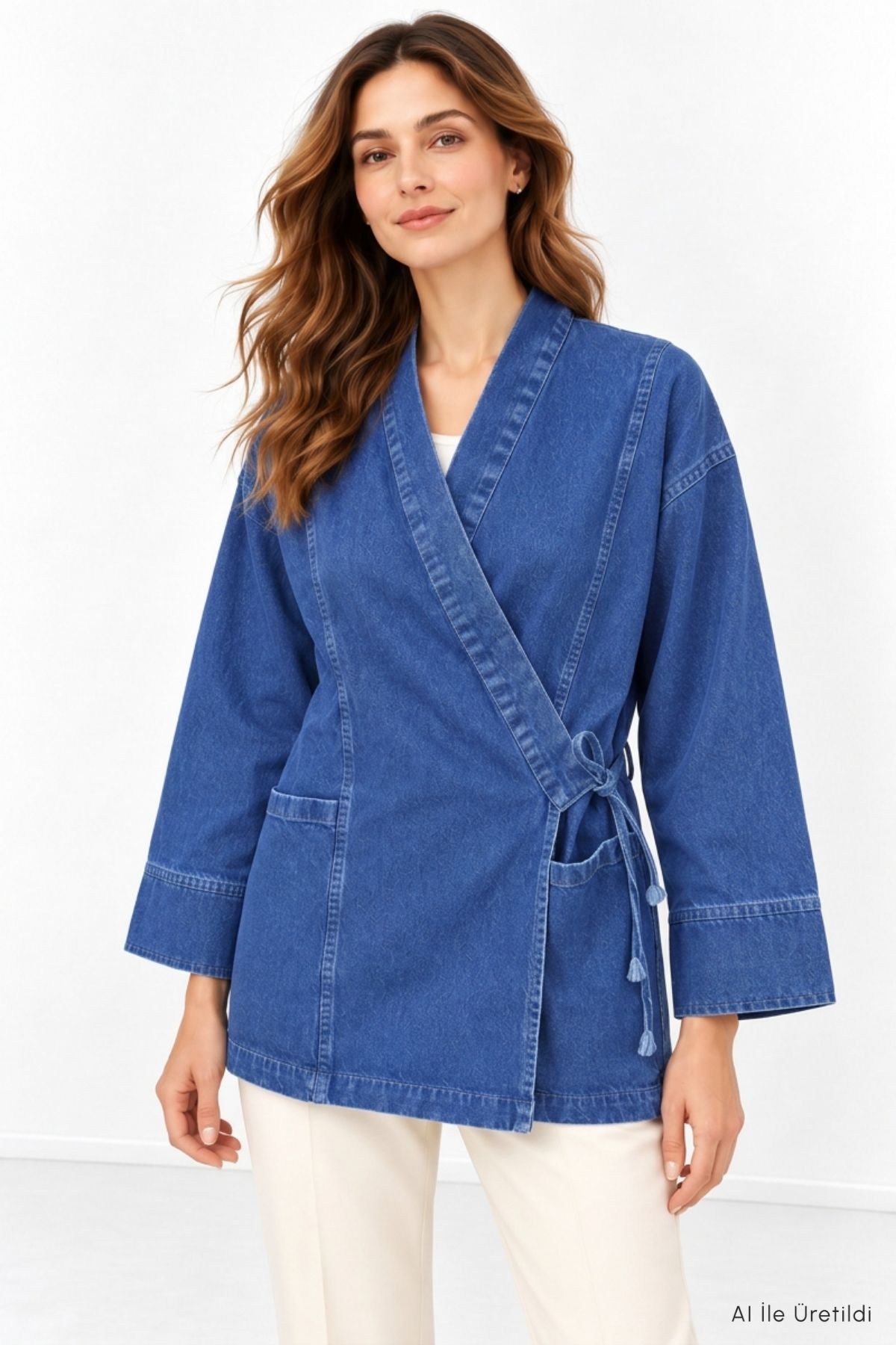 Yandan Bağlamalı Kot Kimono 3516 Açık Mavi