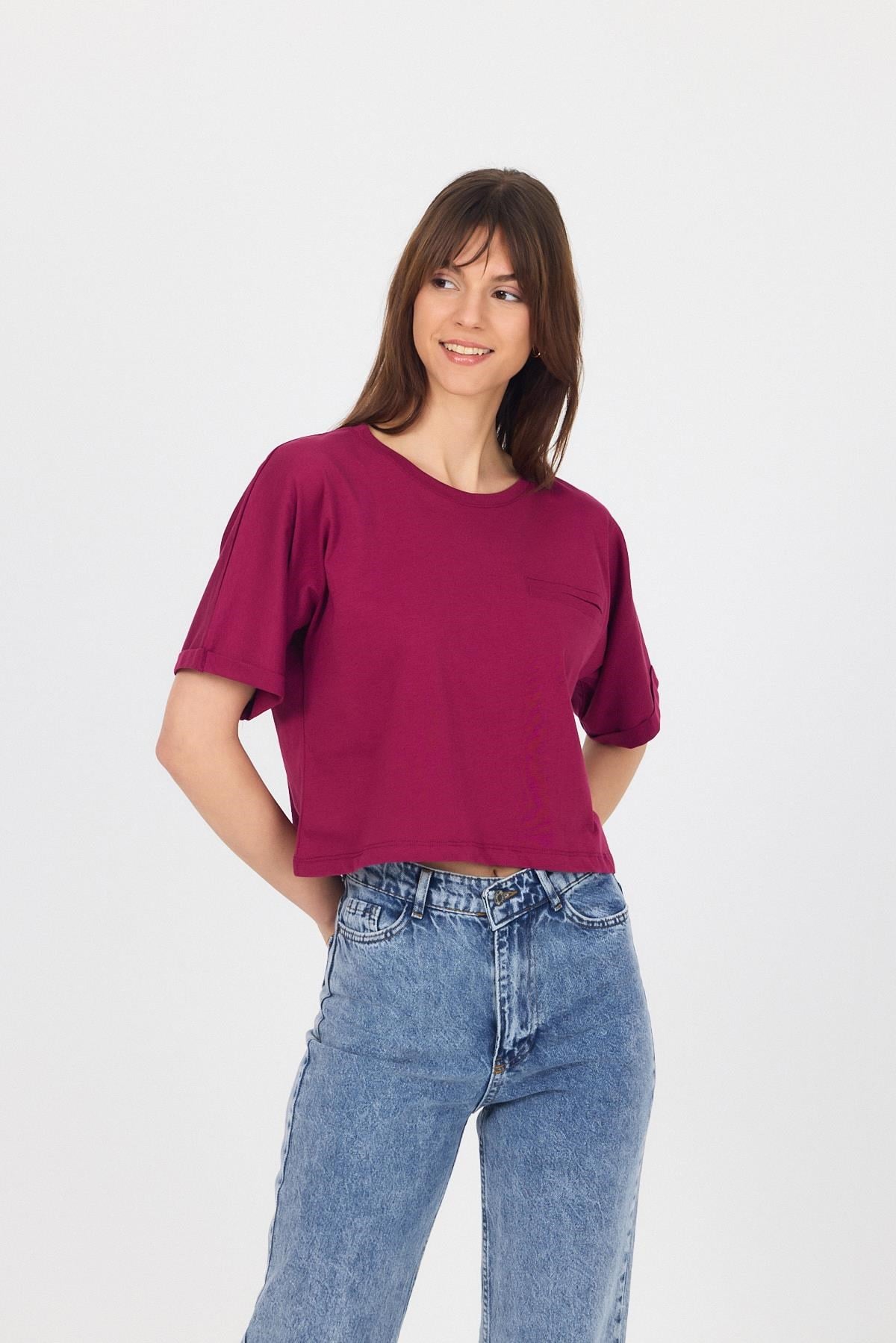 Bordo Cep Detaylı Bisiklet Yaka Crop Tişört 2136M 7