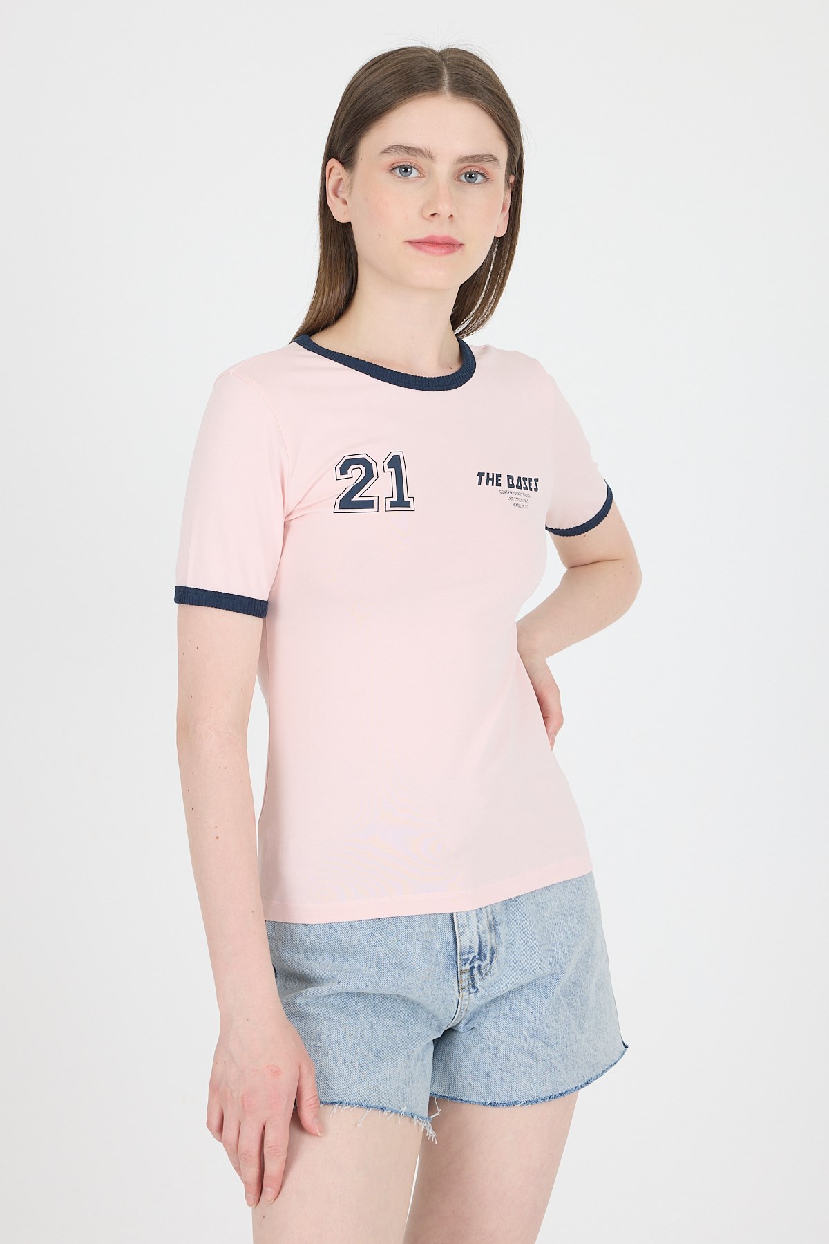 Pudra Ribanalı Yazı Baskılı Slim Fit Tişört 5981