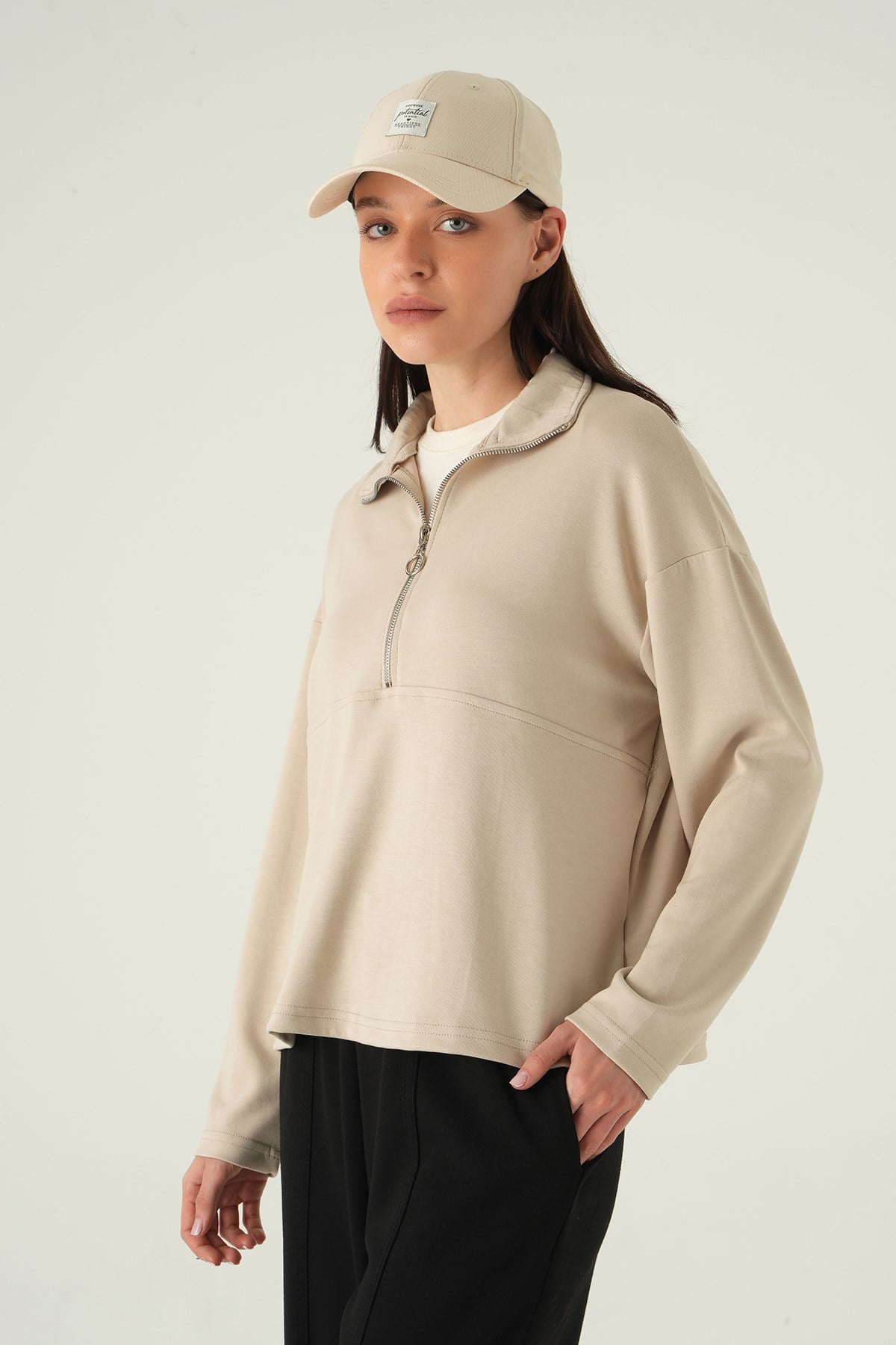 Yarım Fermuarlı Sweat 8249A Bej 2
