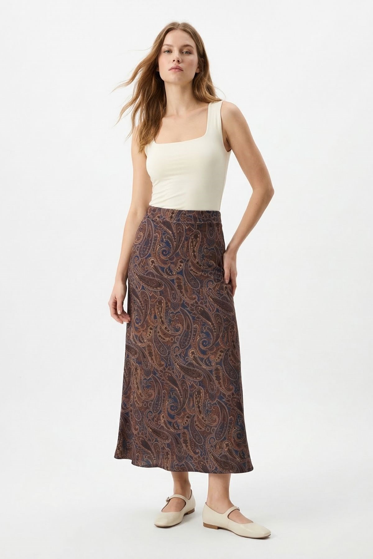Yaprak Desenli Etek 3507 Laci-Kahve