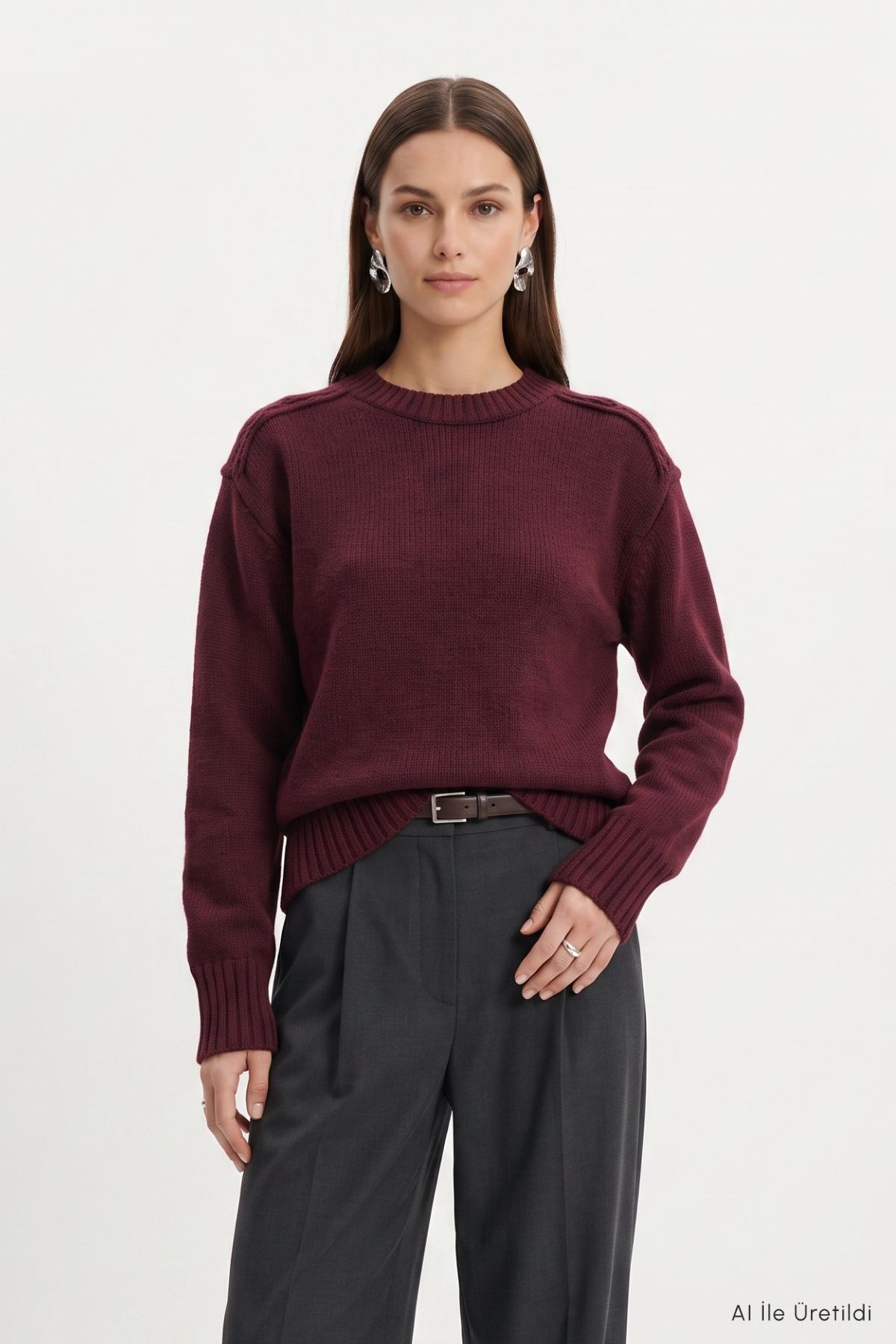 Dikiş Detay Bisiklet Yaka Kazak 0093 Bordo