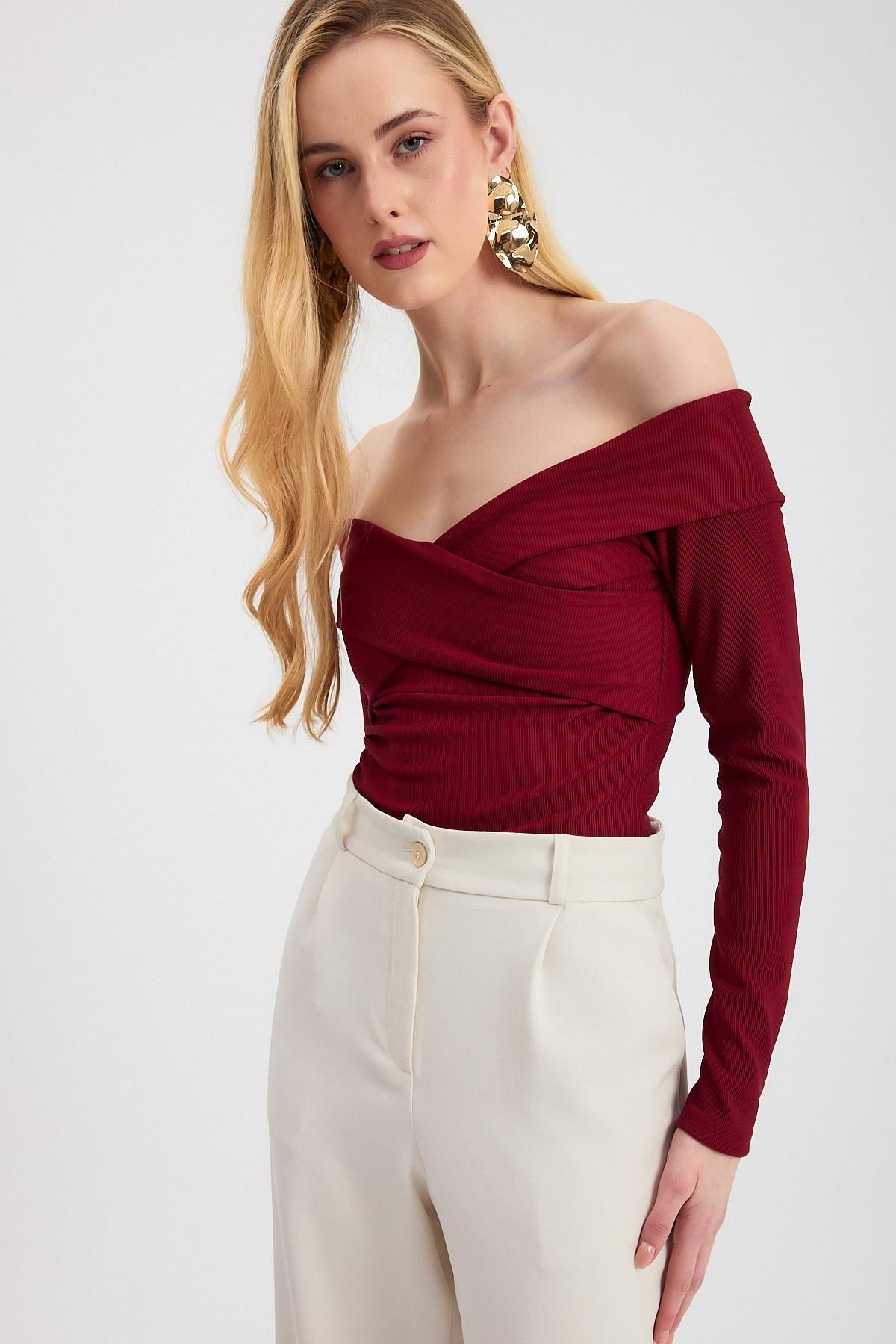 Çapraz Madonna Yaka Bluz 12748 Bordo 2