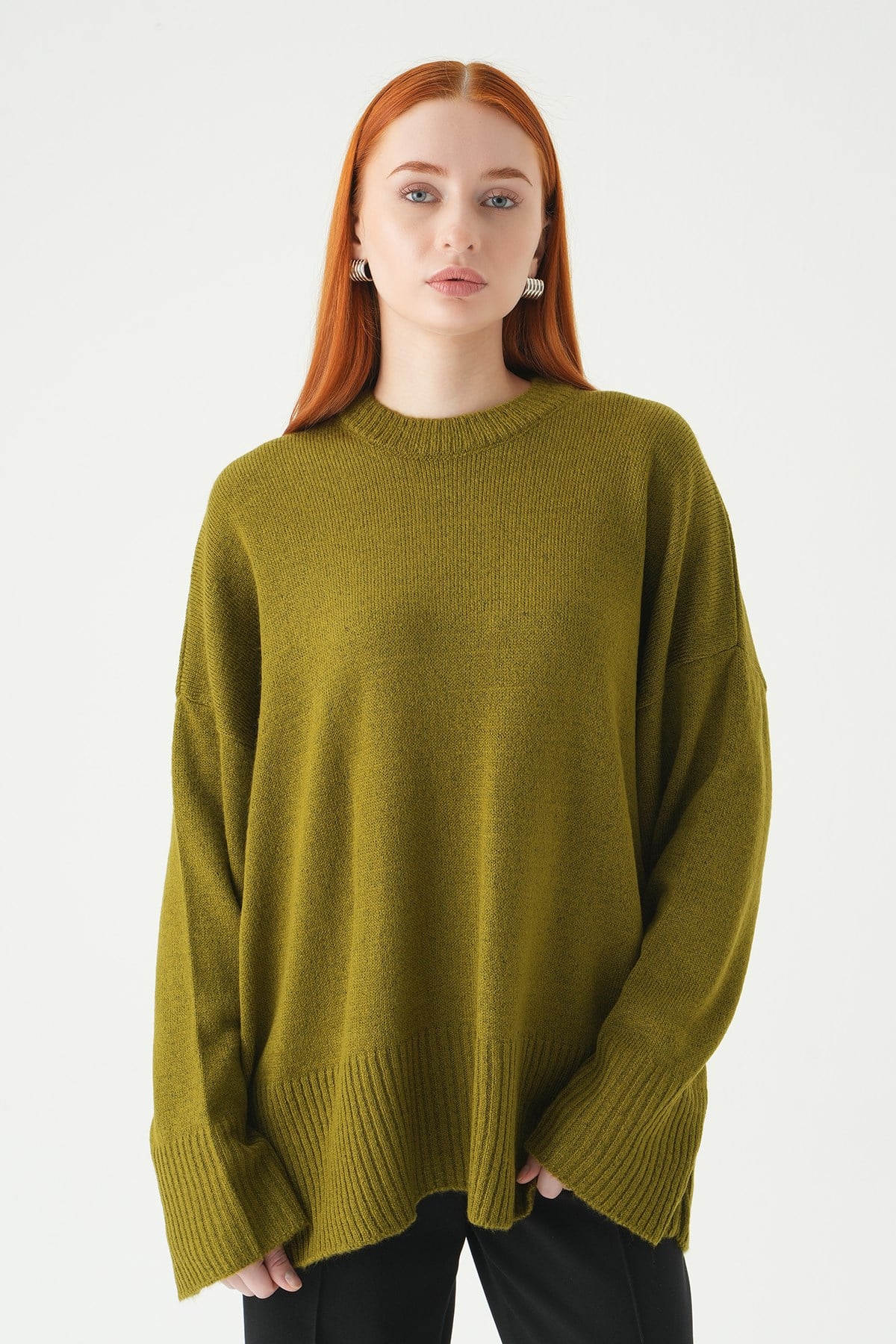 Bisiklet Yaka Oversize Kazak 2450 Yağ Yeşili 2
