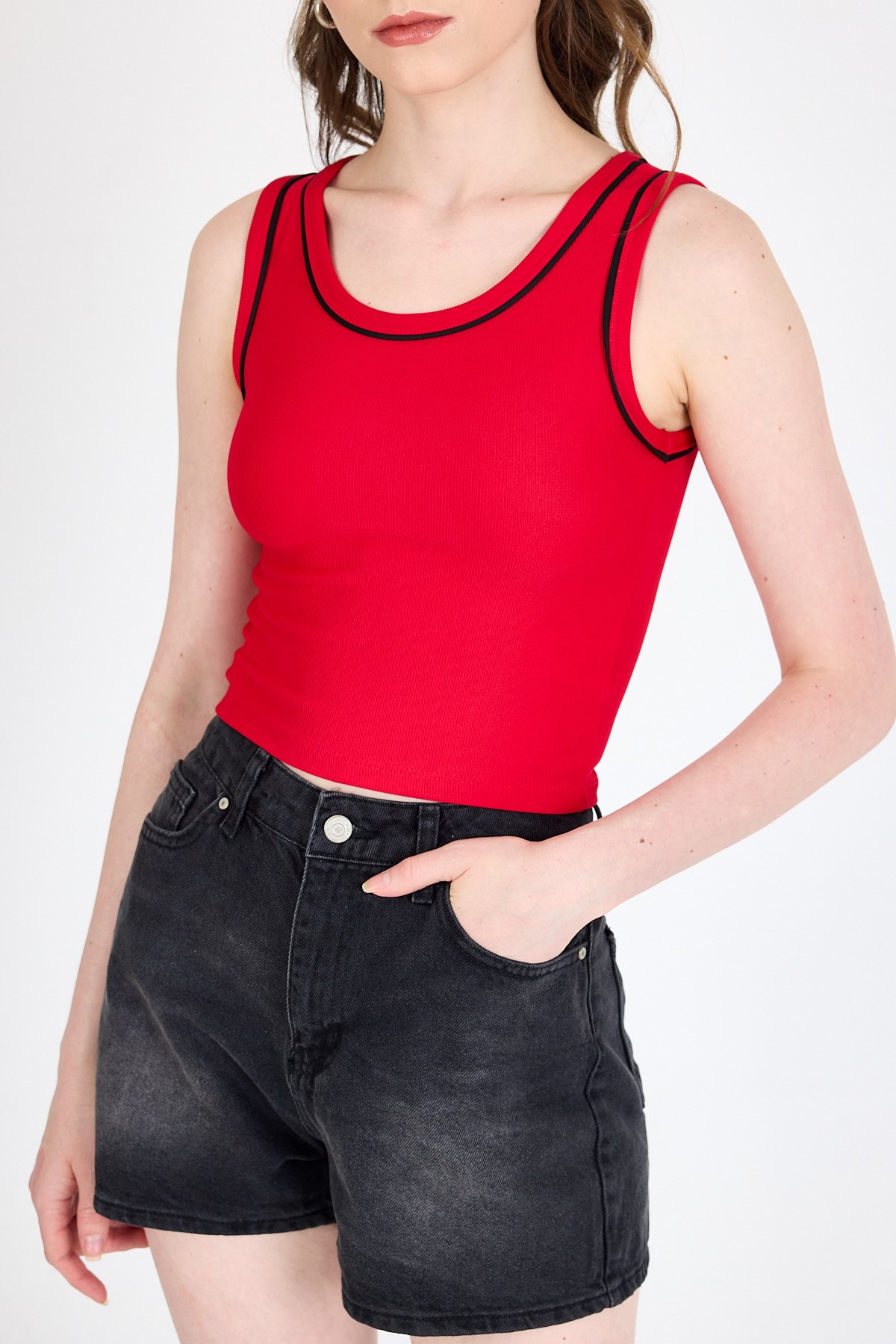 Kırmızı Şerit Detaylı Örme Crop Atlet 1049 6