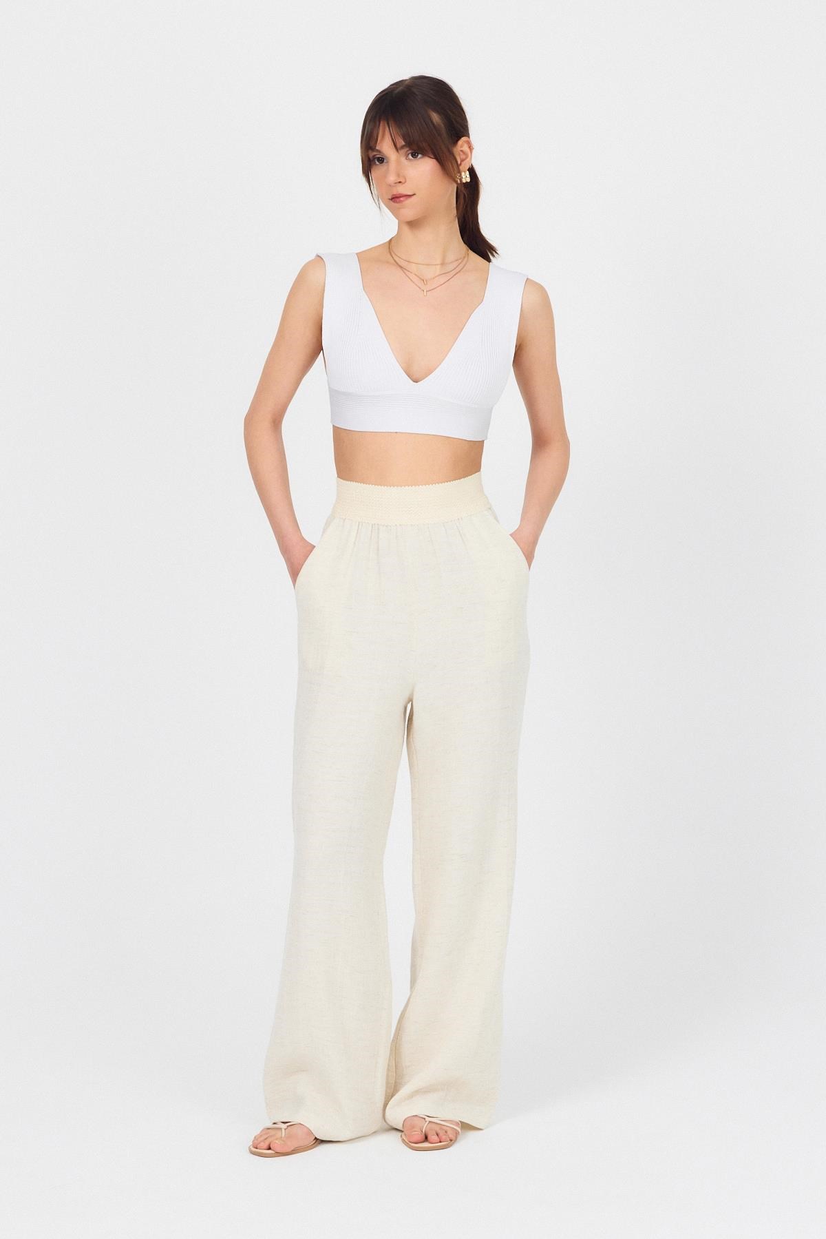 Natural Bel Lastikli Müslin Keten Bol Paça Pantolon 4719A