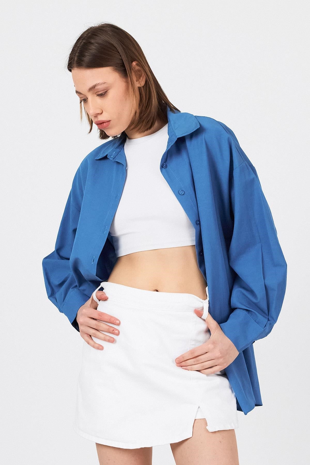 İndigo Oversize Basic Uzun Gömlek 4664A 8
