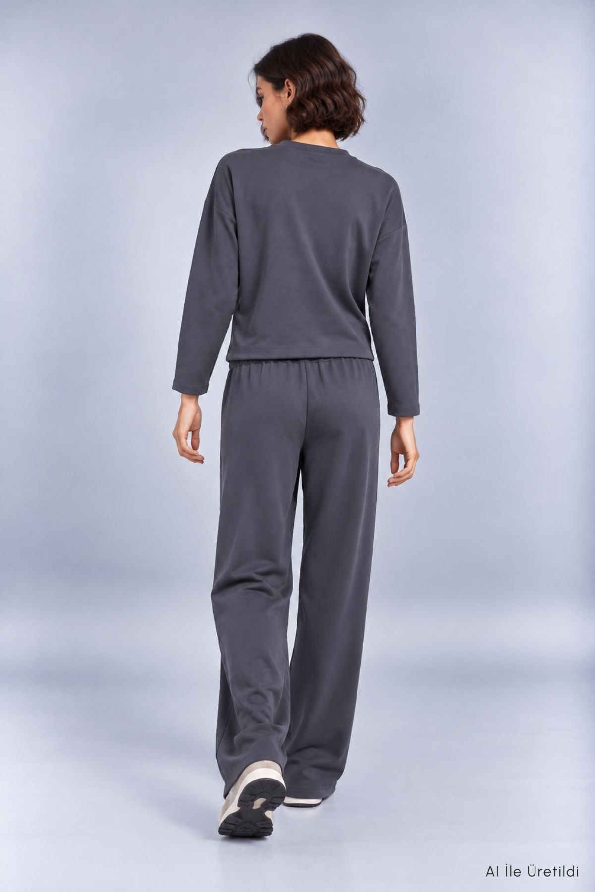 Kadın Antrasit Bisiklet Yaka Oversize Sweat ve Bol Paça Eşofman Takım 3