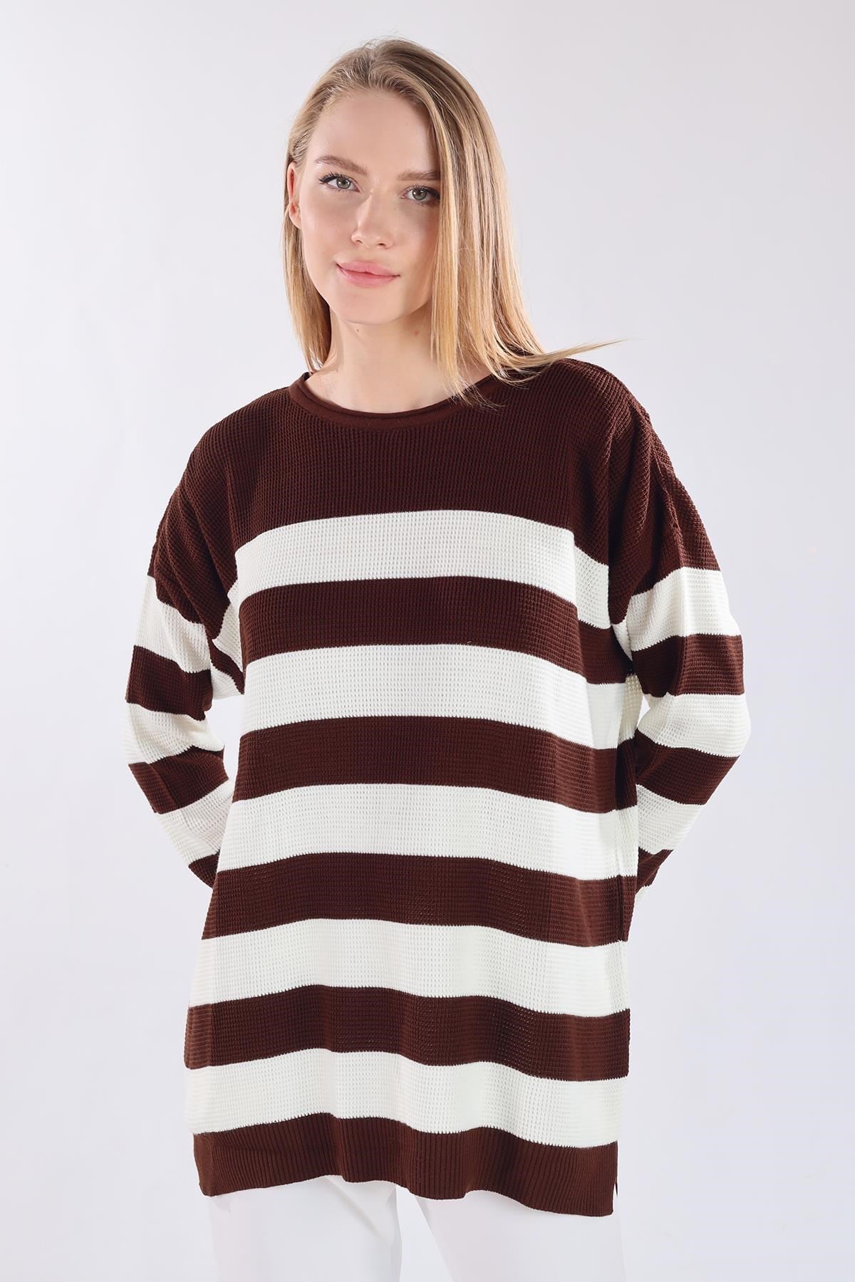 Bisiklet Yaka Çizgili Tunik 5380 Acı Kahve 6