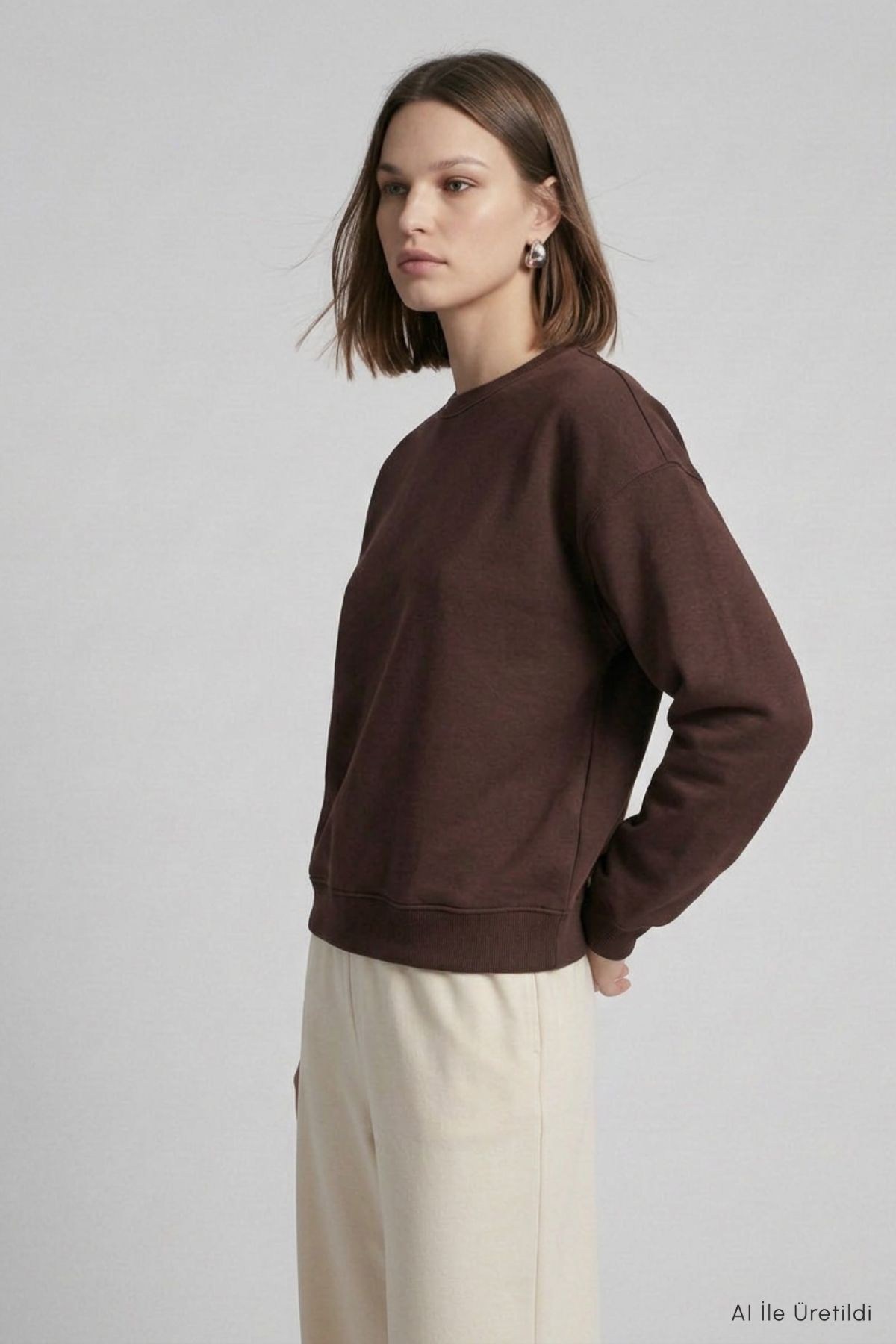 Bisiklet Yakalı Basic Oversize Sweatshirt 954 Kahve 3