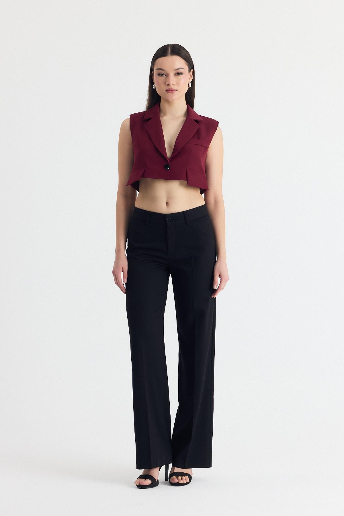 Bordo Crop Vatkalı Tek Düğme Cep Detay Yelek 6929 8