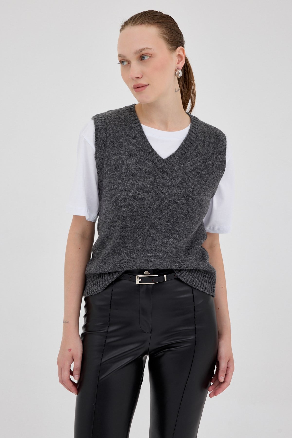Antrasit Oversize V Yaka Kadın Süveter 2292 7