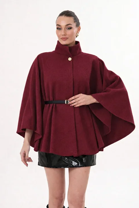 Bordo Kemer Detaylı Kadın Kaşe Kışlık Panço Modeli 6