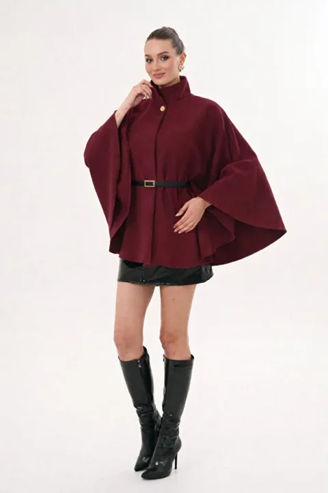 Bordo Kemer Detaylı Kadın Kaşe Kışlık Panço Modeli 7