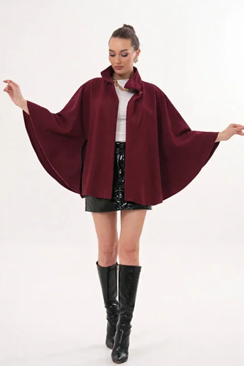 Bordo Kemer Detaylı Kadın Kaşe Kışlık Panço Modeli 5