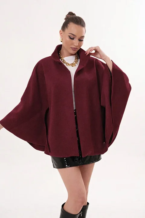 Bordo Kemer Detaylı Kadın Kaşe Kışlık Panço Modeli 3