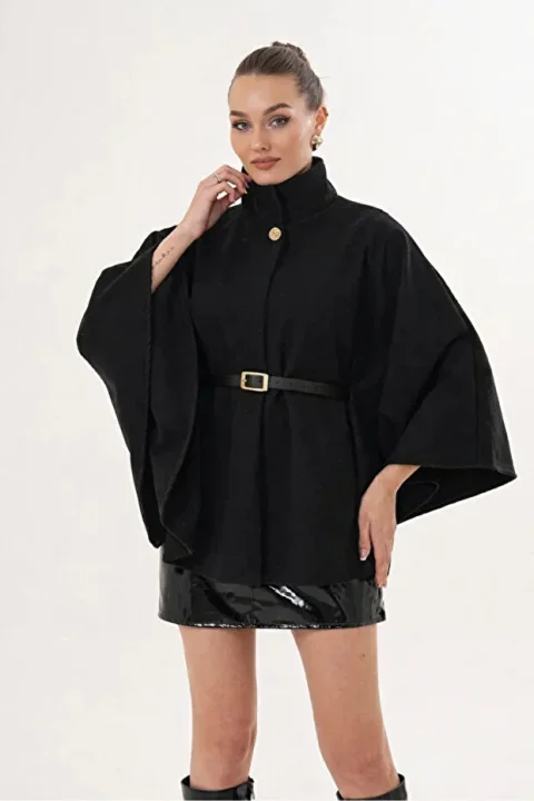 Kadın Siyah Kemer Detaylı Kaşe Panço 5